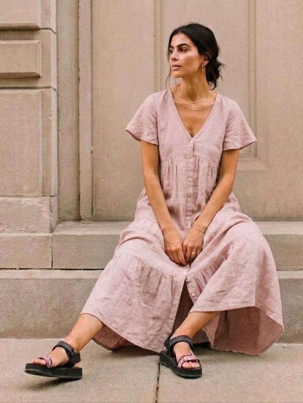 Offon clothing tiered linen maxi  dress , size small
